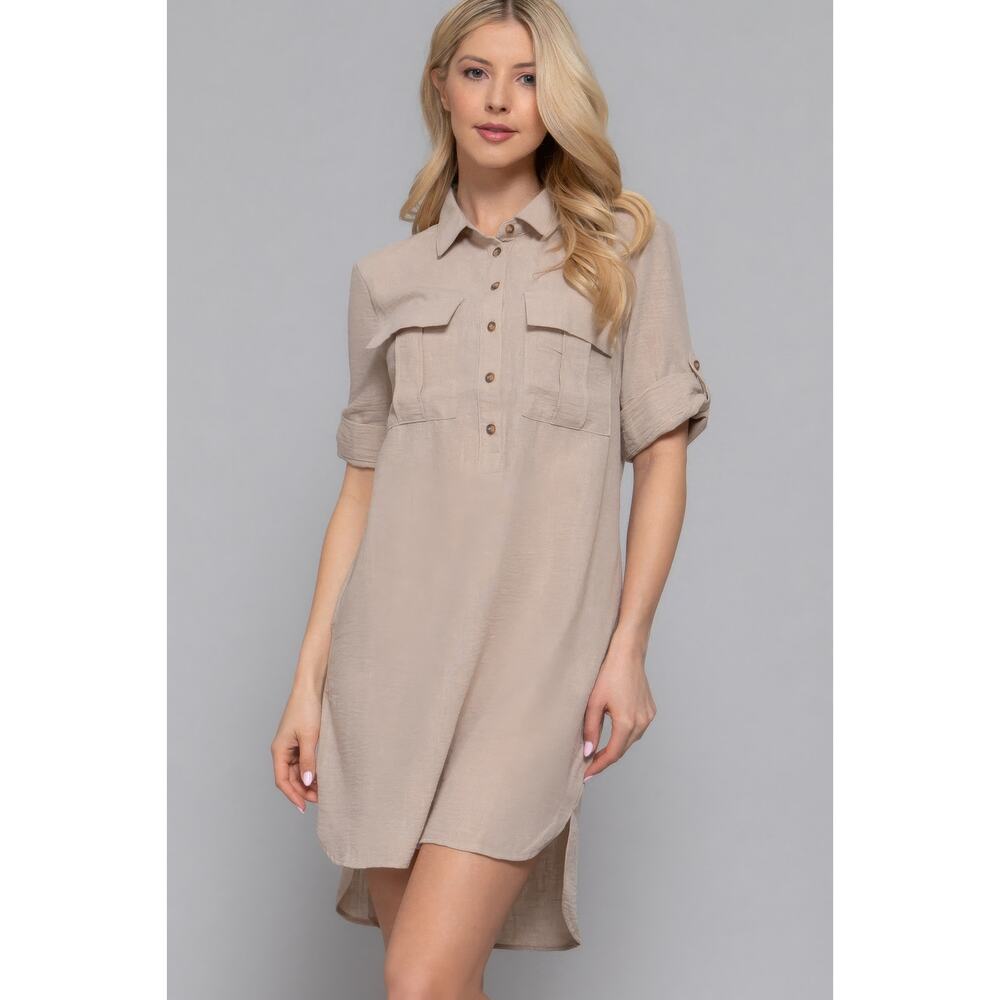 HackleBee | Roll Up Short Sleeves Straight Linen Effect Mini Dress Size S,M,L